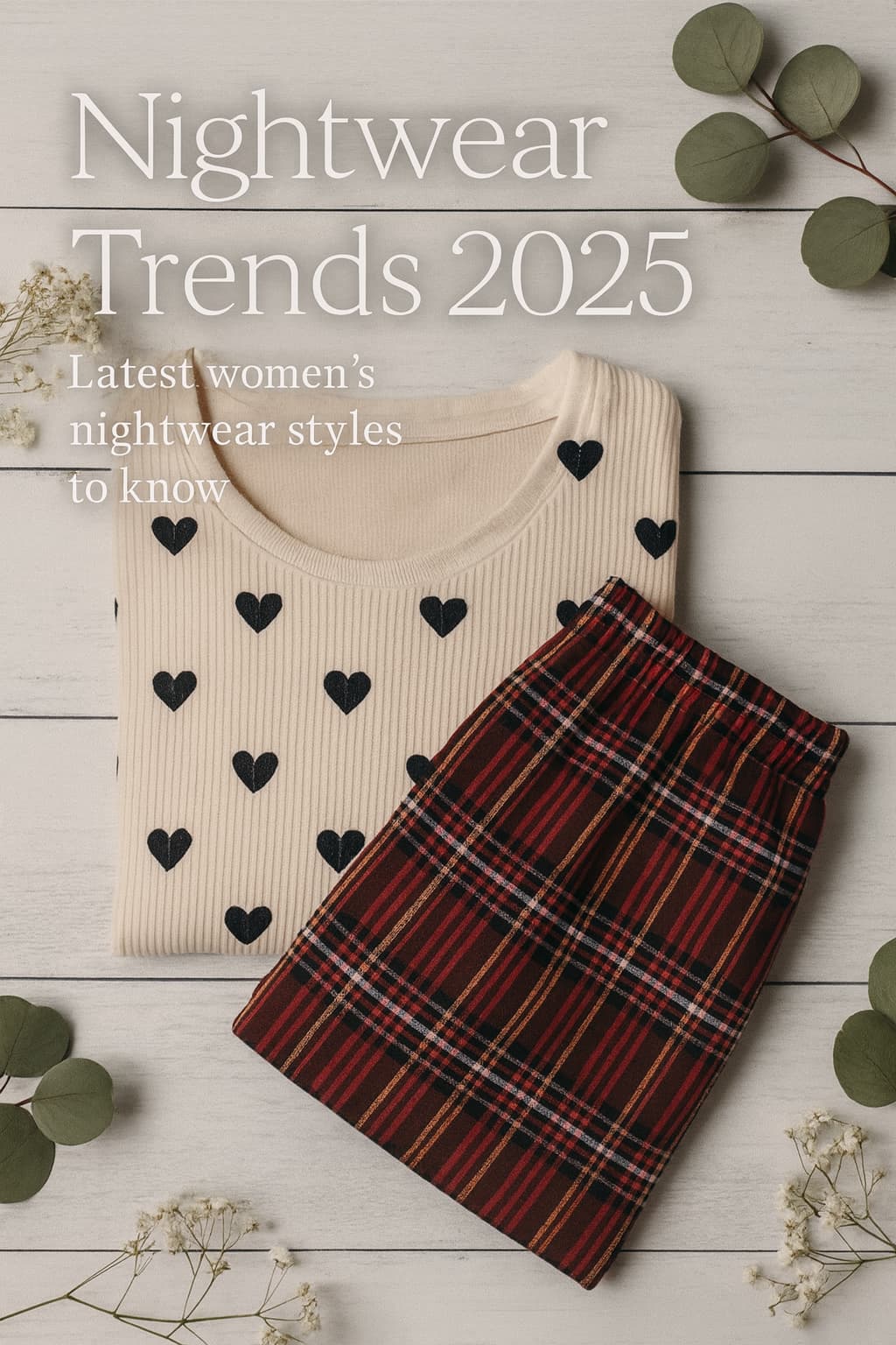 White ribbed nightwear top with red heart prints paired with red checked pajama shorts, flatlay on a wooden background with floral decor.
