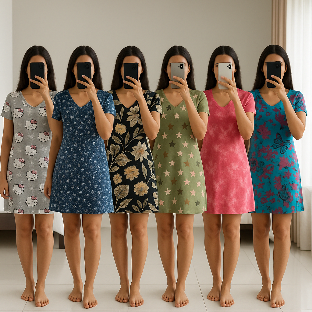 Women wearing long polo cotton nightwear with relaxed fit for comfortable home and sleep wear