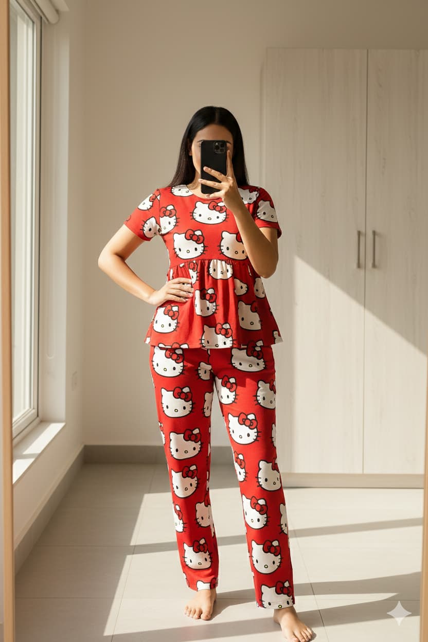 Woman wearing red printed peplum nightwear set
