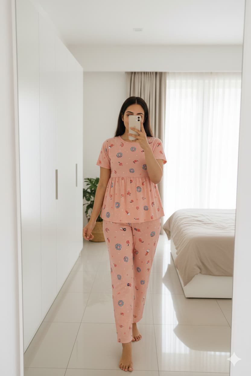 Woman wearing peach peplum nightwear set at home