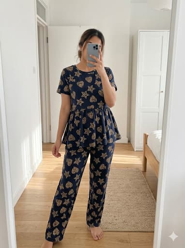 Woman wearing navy blue star and heart print peplum night suit with relaxed fit pants, comfortable homewear set.