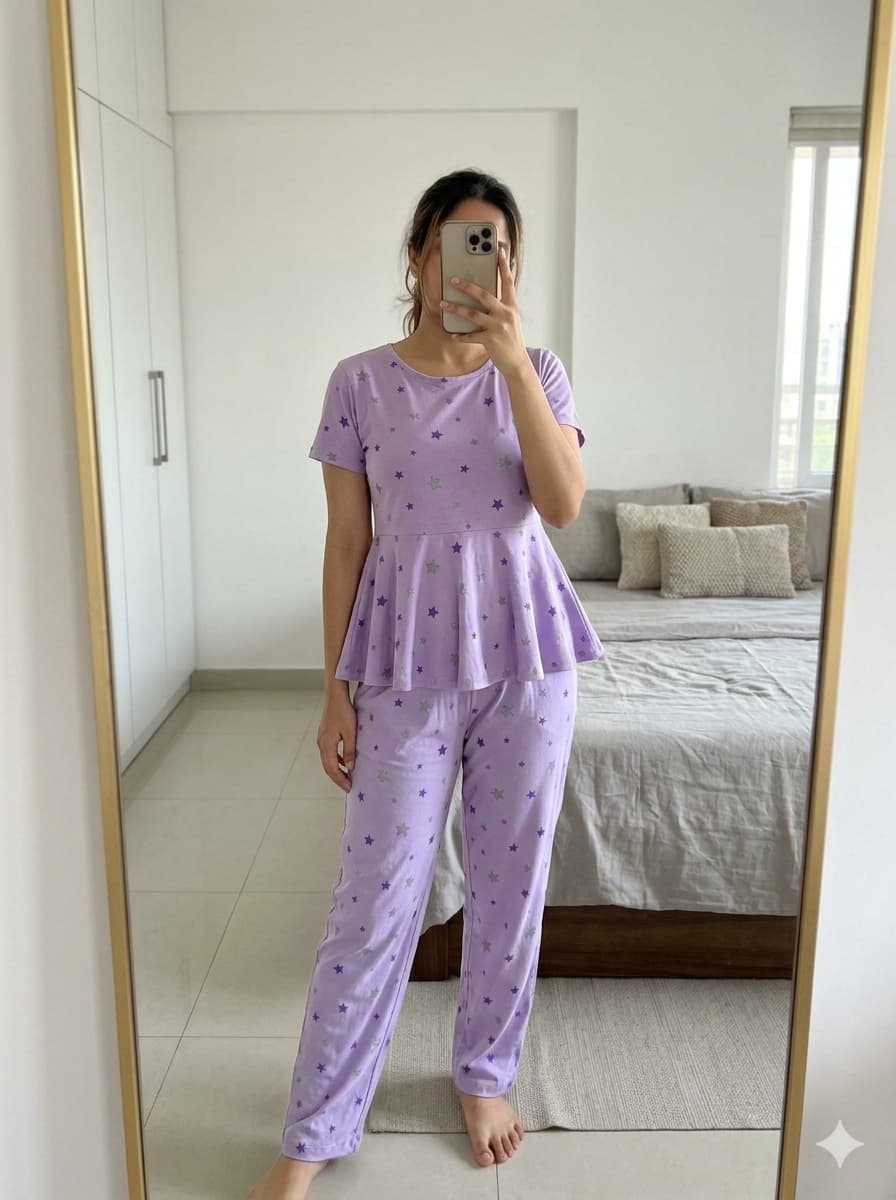 Woman wearing lavender star print peplum night suit with relaxed fit pants, soft comfortable homewear set.