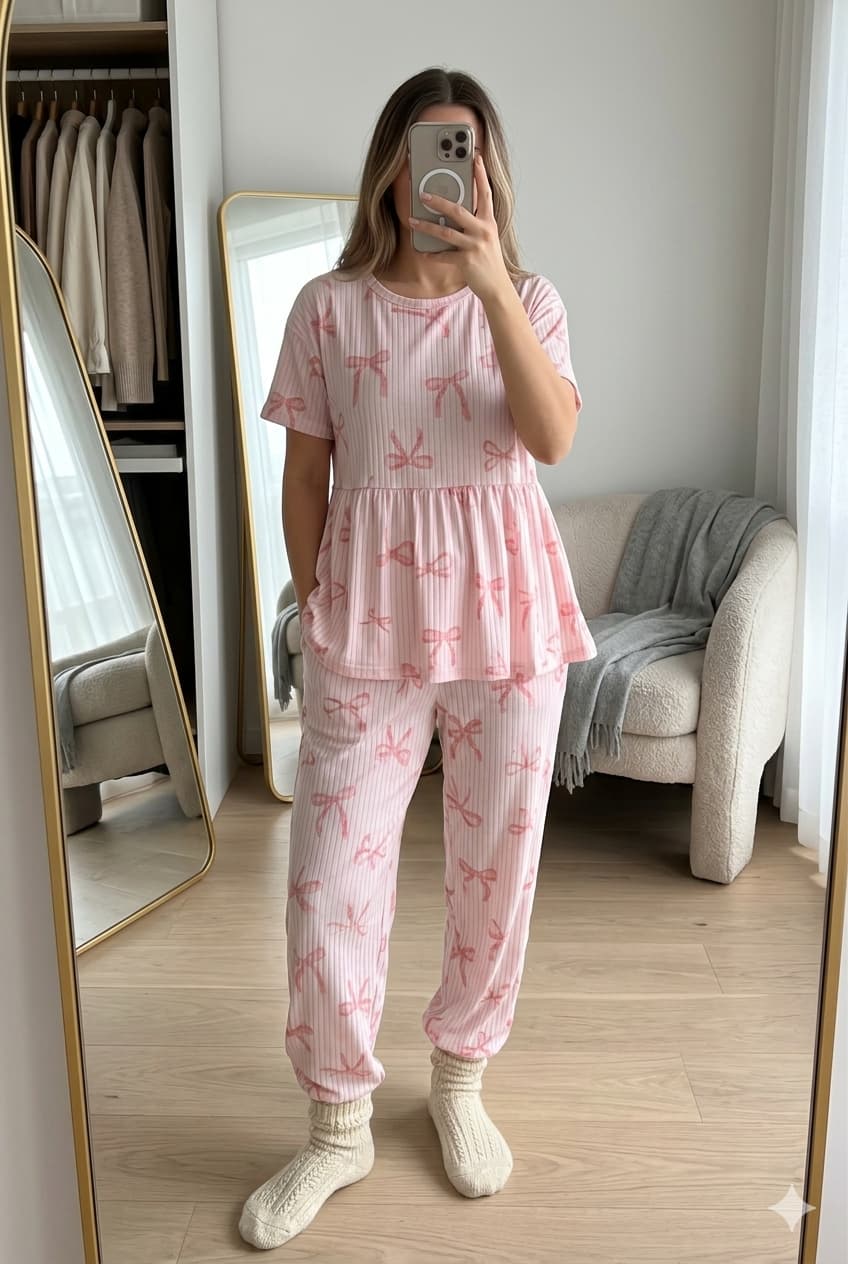 Woman wearing pink bow print peplum night suit with free size pants, soft cotton comfortable nightwear set.