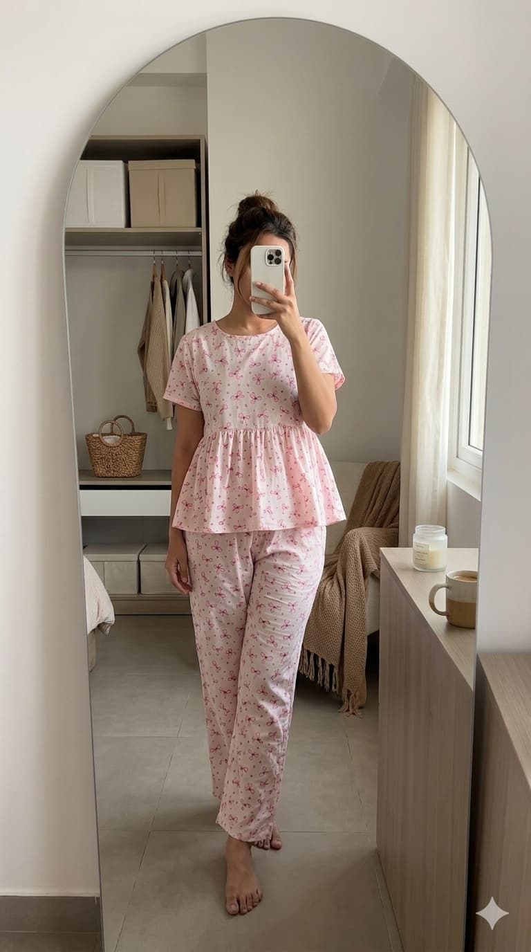 Woman wearing baby pink bow print peplum night suit with relaxed fit pants, soft comfortable lounge wear set.