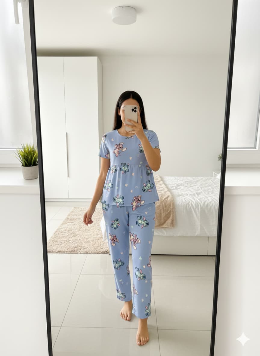 Woman wearing sky blue peplum nightwear set at home
