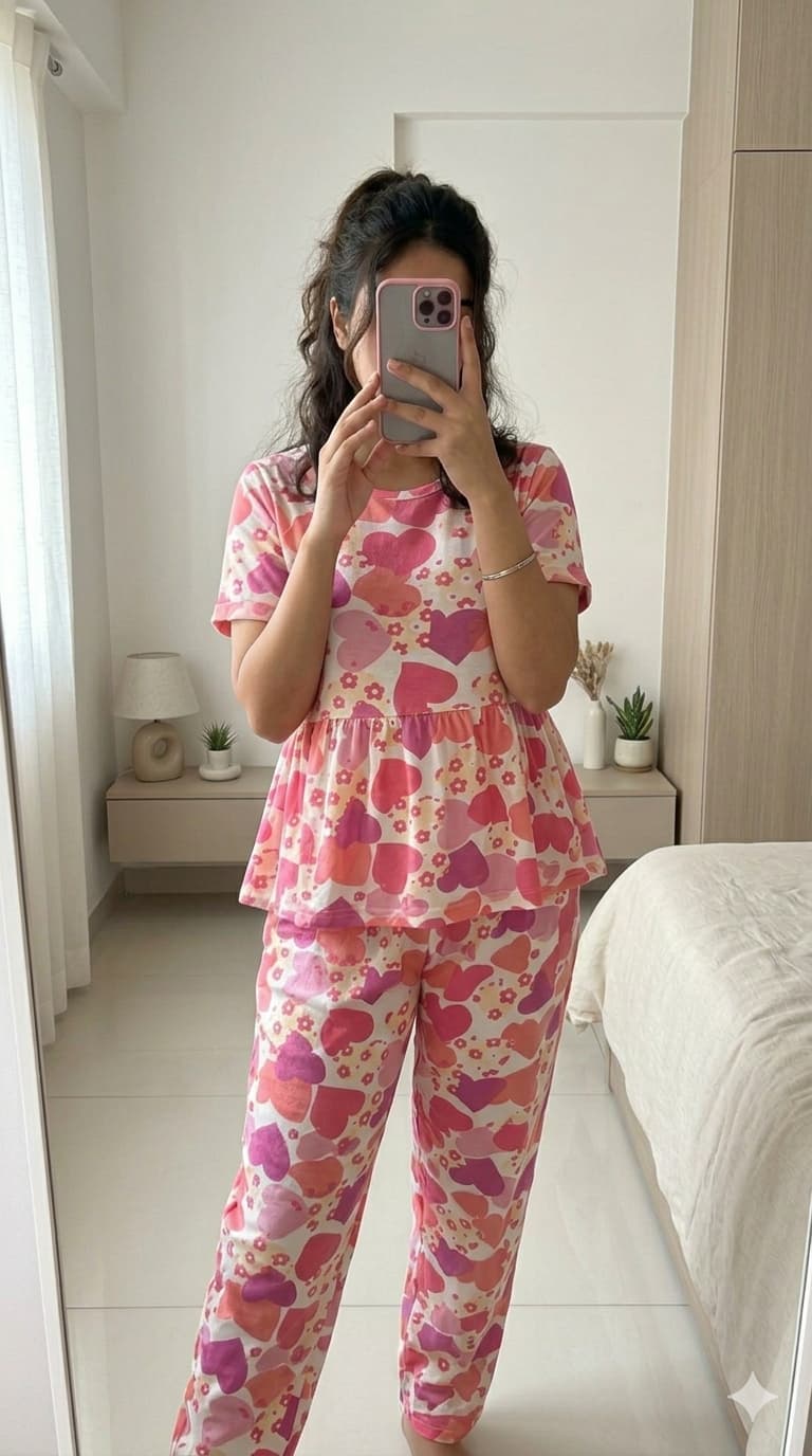 Woman wearing pink heart print peplum night suit with relaxed fit pants, soft comfortable lounge wear set.