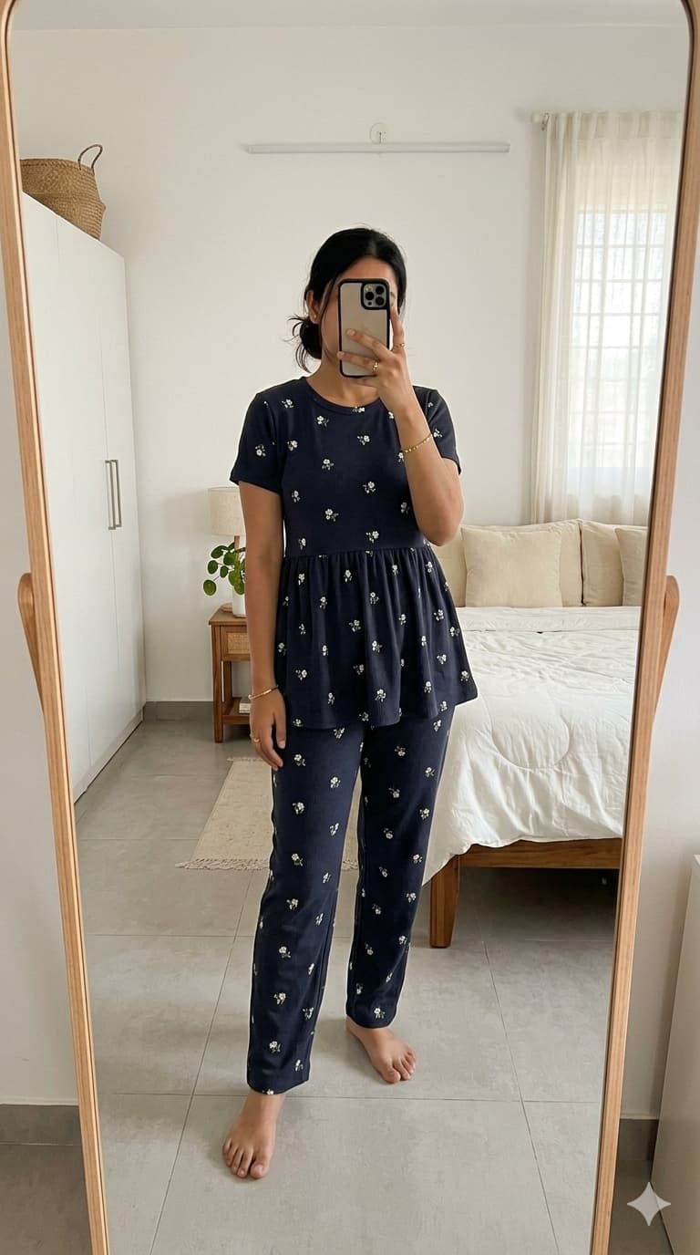 Woman wearing black floral print peplum night suit with relaxed fit pants, soft comfortable homewear set.