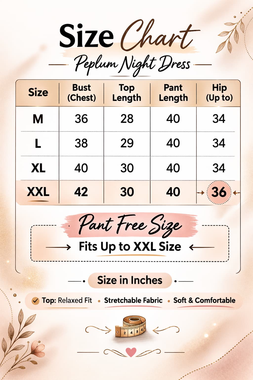 Peplum night suit size chart M to XXL with free size pant.
