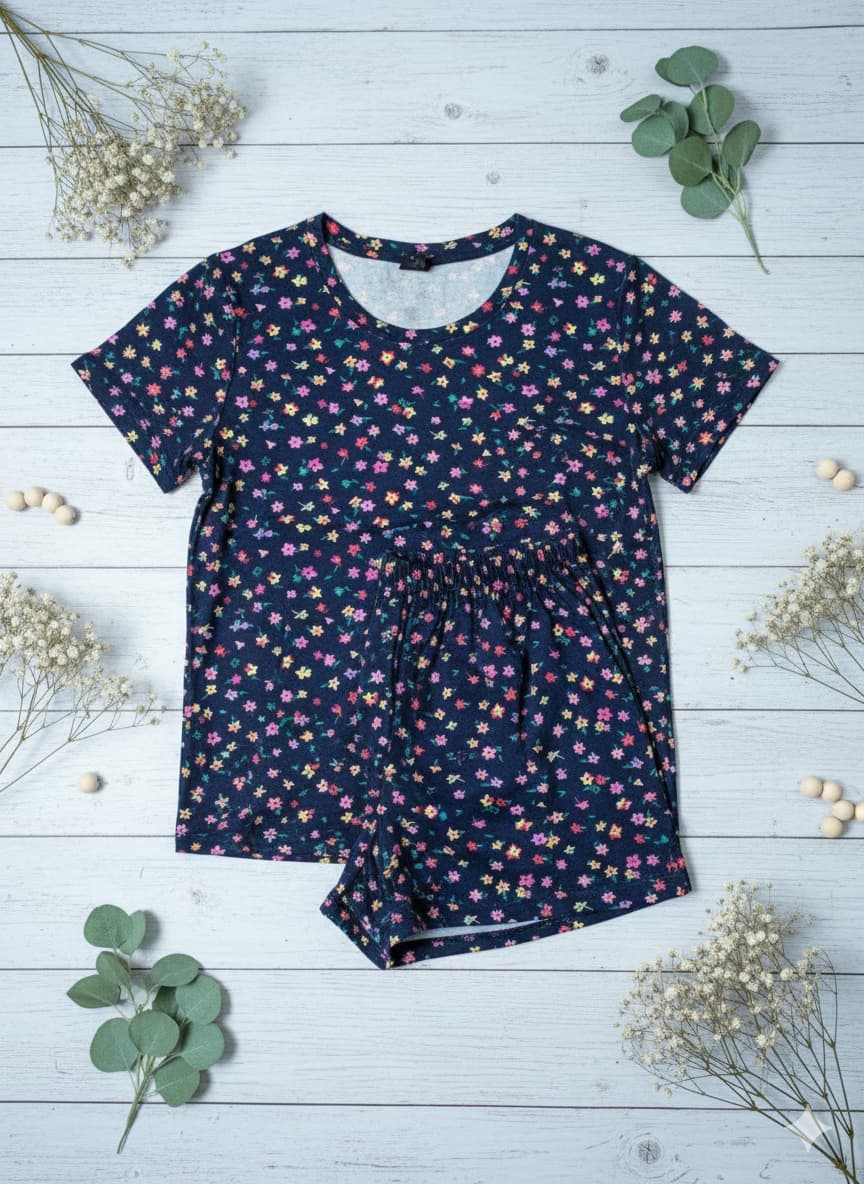 Irah Vastra women’s T-shirt and pant set — folded flatlay view 
