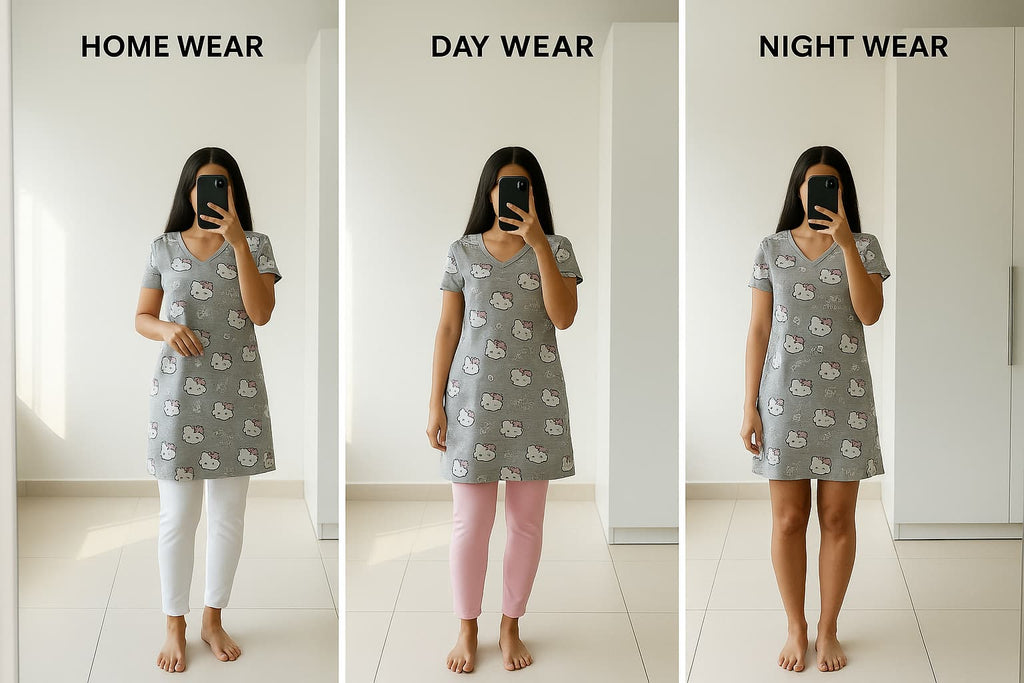 V-neck A-line dress styled three ways – with white leggings, without leggings, and with black jeans
