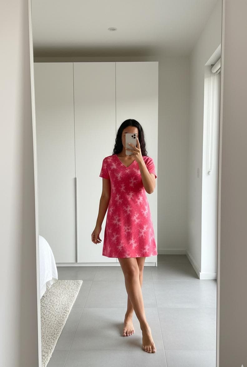 Woman wearing pink tie-dye cotton long polo nightdress with V-neck and knee-length fit