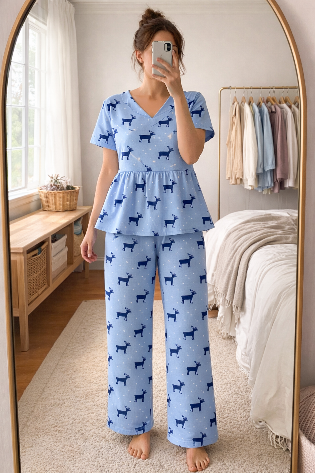 Blush pink cotton printed nightwear set with peplum top and full-length pajama