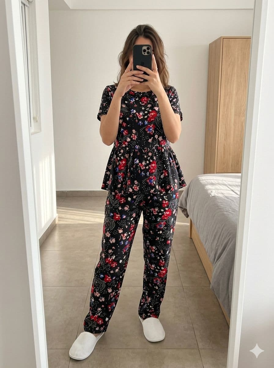 Woman wearing black floral print peplum night suit with relaxed fit pants and comfortable homewear style.