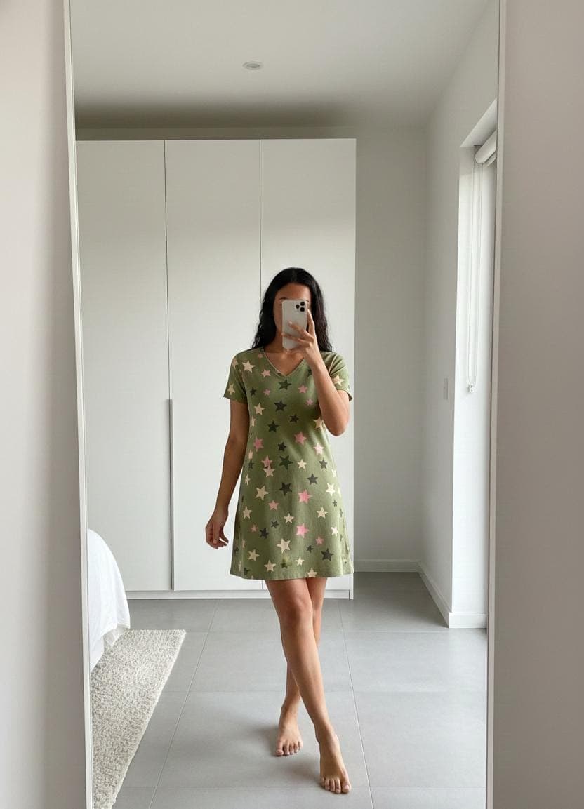 Woman wearing green star print cotton long polo nightdress with short sleeves and V-neck

