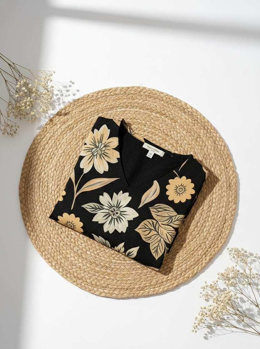 Flat lay view of women’s printed cotton long polo nightdress showcasing fabric texture and design by Irah Vastra
