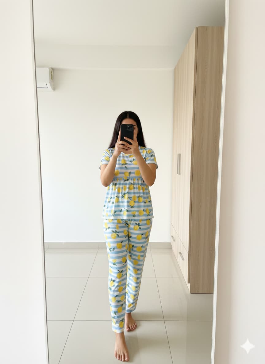 Woman wearing lemon print peplum nightwear set at home
