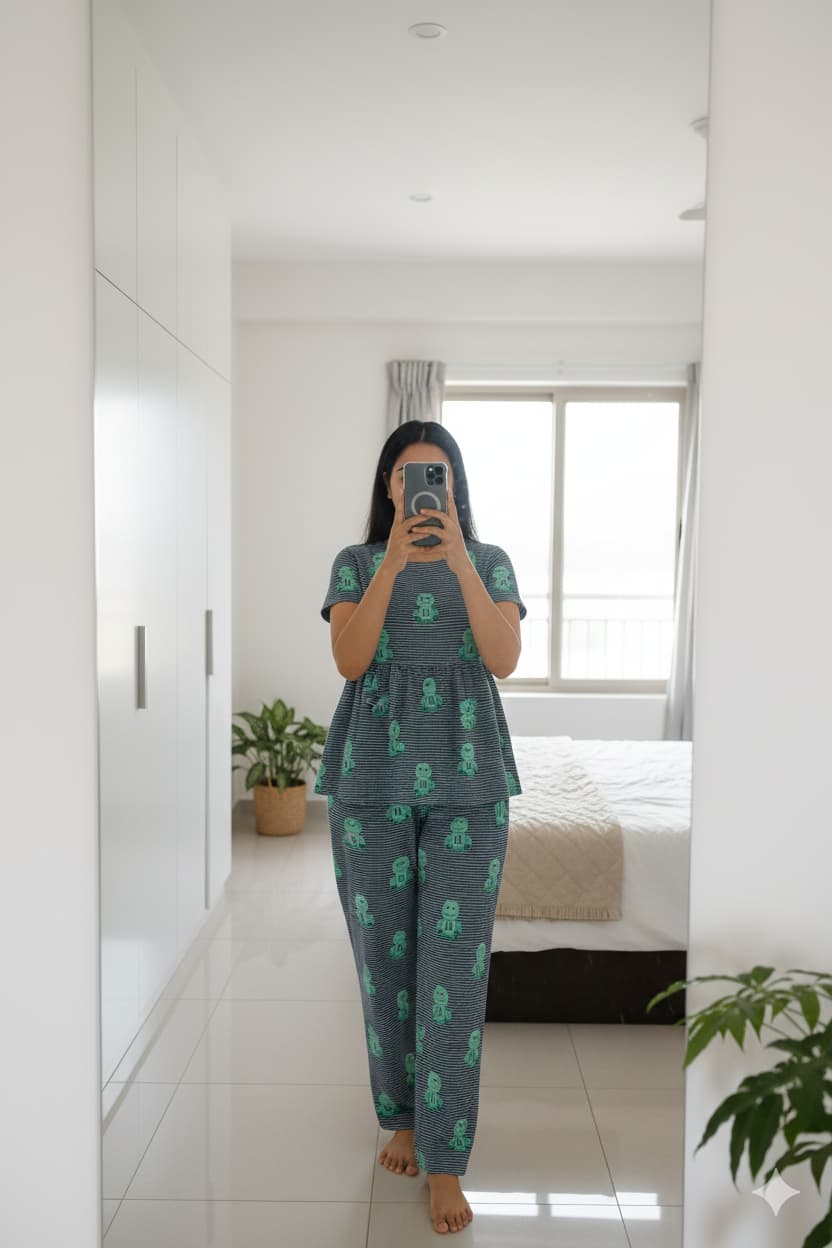 Woman wearing dark grey peplum nightwear set with mint print
