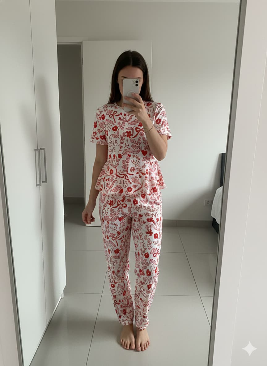 Woman wearing red floral peplum nightwear set at home