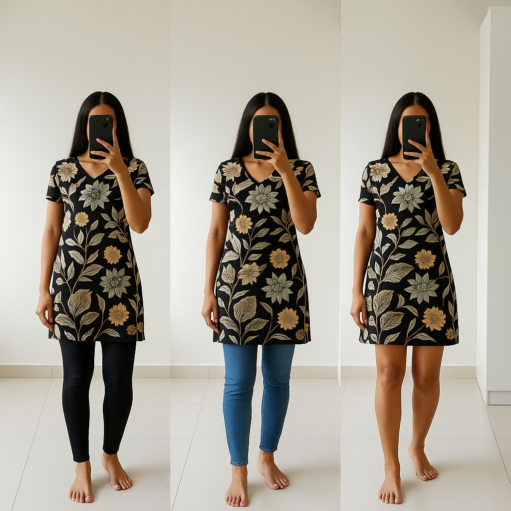Blue floral V-neck A-line dress styled three ways – with white leggings, with jeans, and with black leggings
