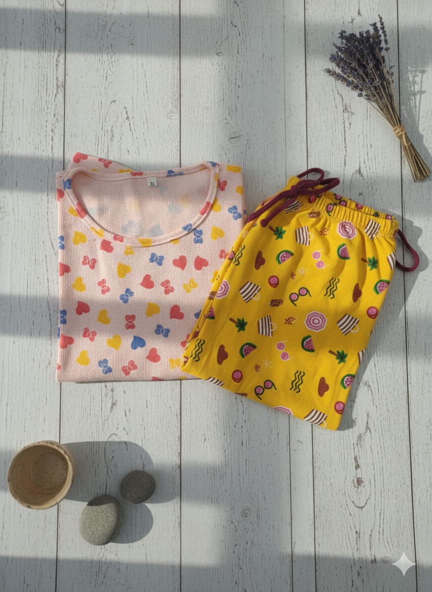 Irah Vastra women’s T-shirt and pant set — folded flatlay view