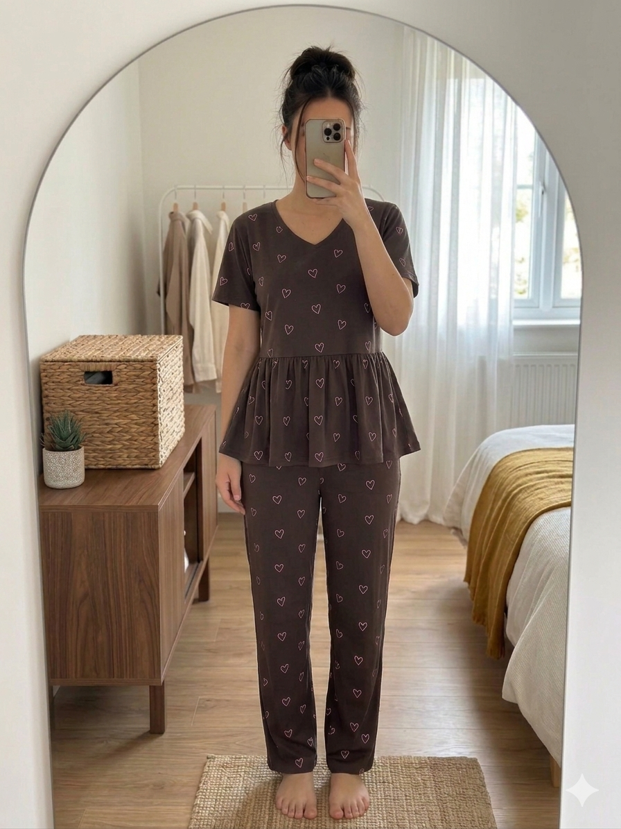 Woman wearing chocolate brown heart print peplum night suit set with short sleeves and full-length pants, taking a mirror selfie in a cozy bedroom.