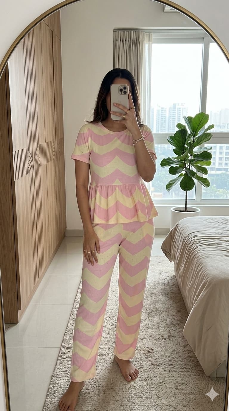 Woman wearing pastel pink and cream chevron print peplum night suit with relaxed fit pants, soft comfortable homewear set.