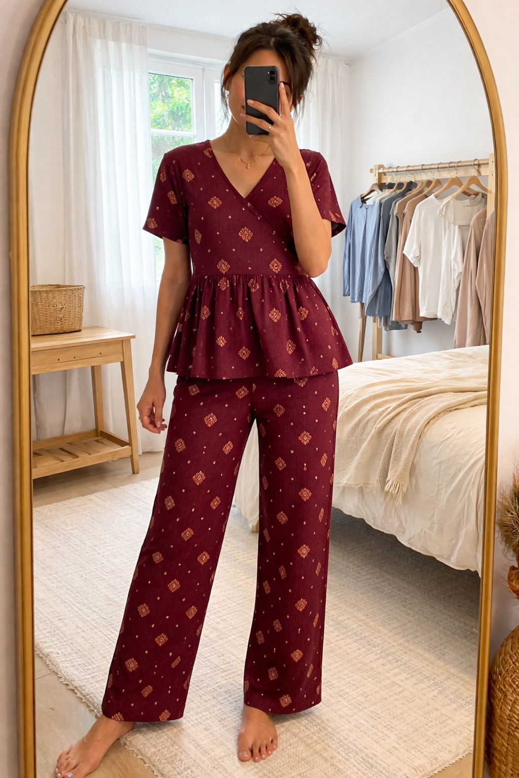 Blush pink cotton printed nightwear set with peplum top and full-length pajama