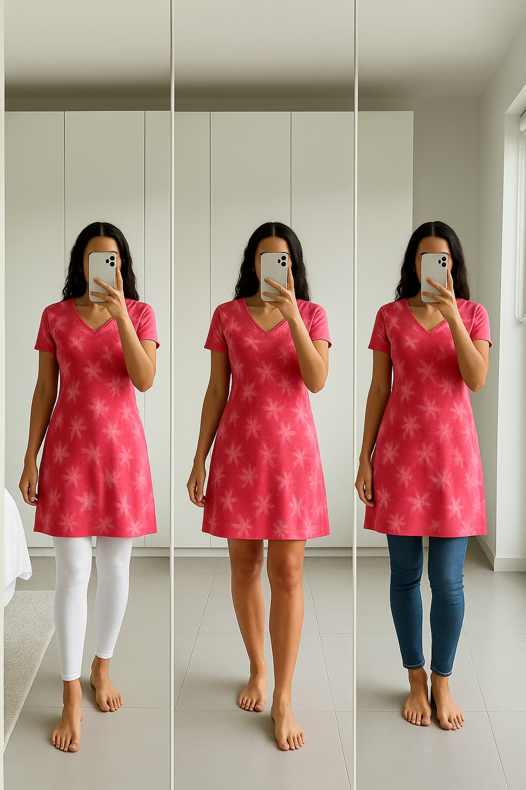Blue floral V-neck A-line dress styled three ways – with white leggings, without leggings, and with black leggings
