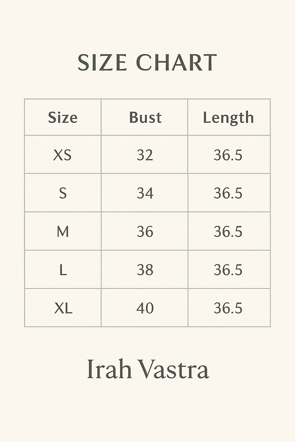 Size chart for women’s long polo nightdress showing bust and length measurements by Irah Vastra