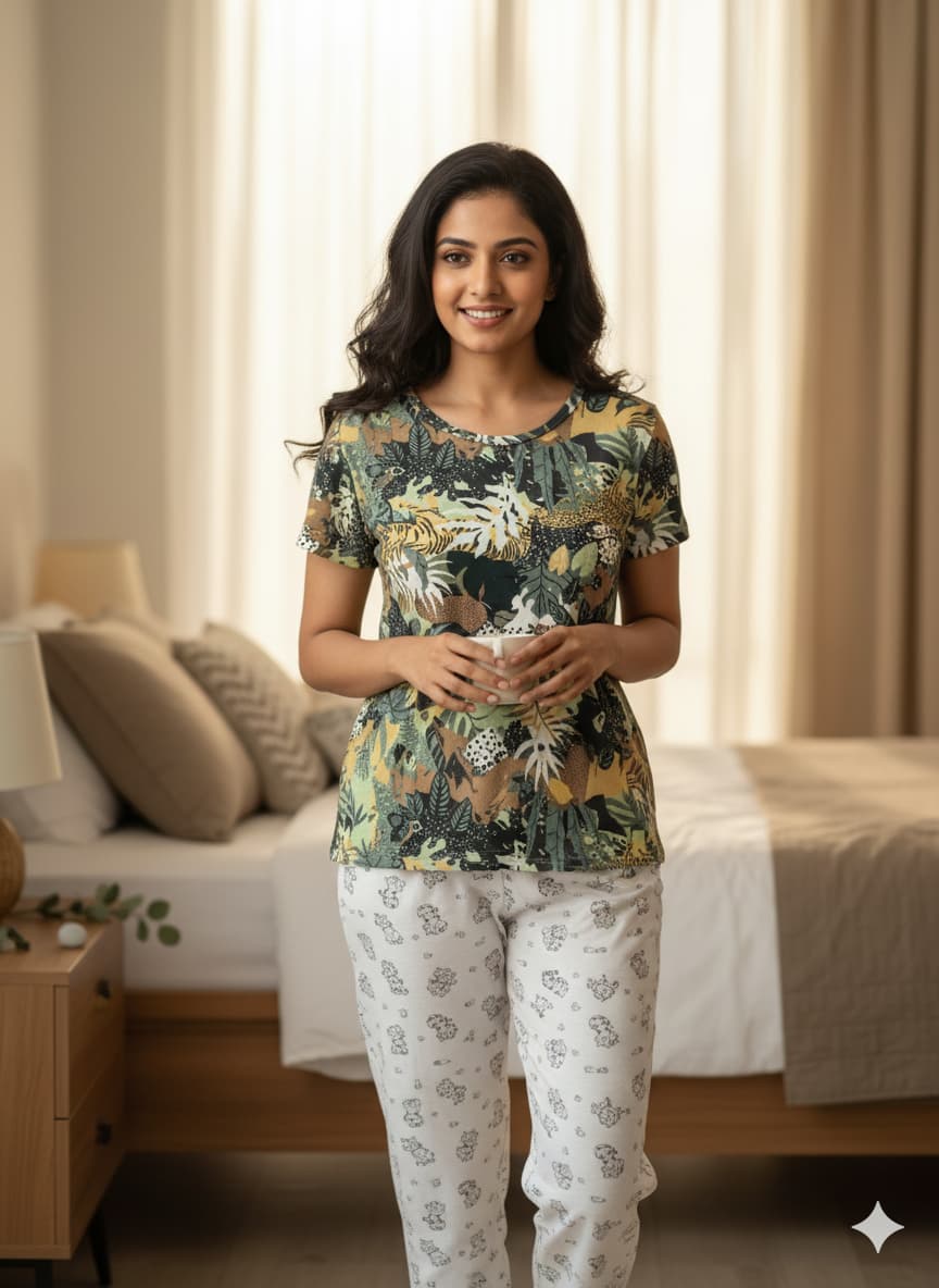 Irah Vastra women’s T-shirt and pant set — model front view