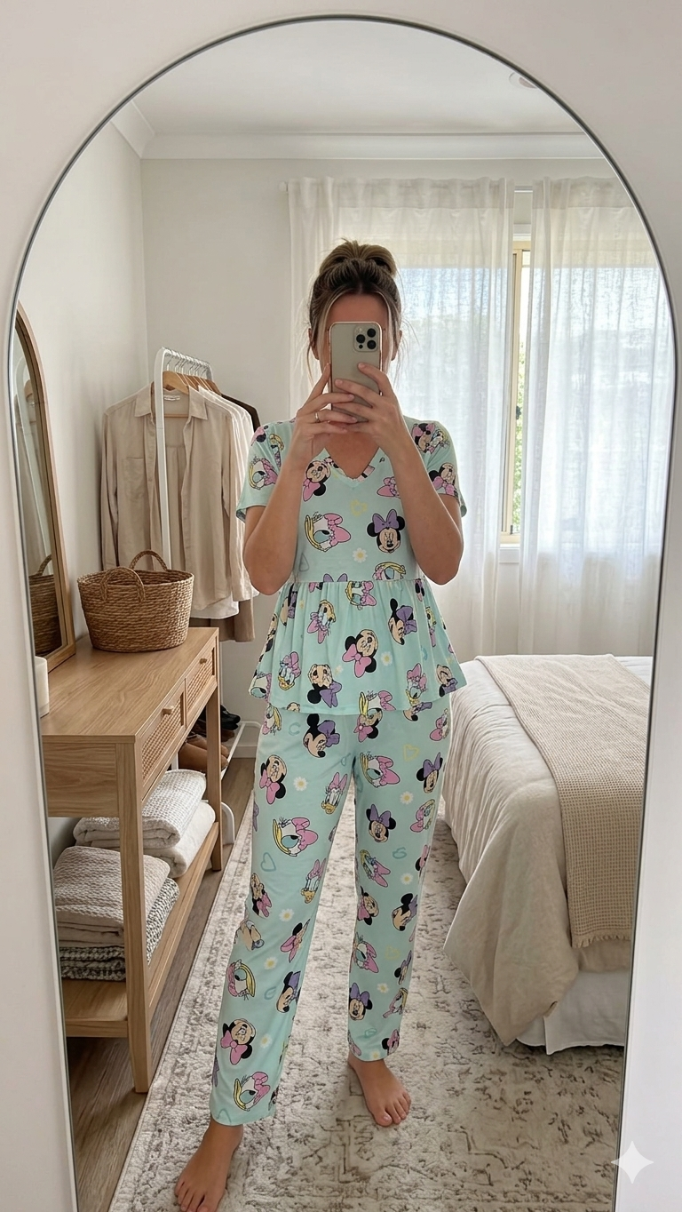 Woman wearing Blush Whispers mint green peplum night suit with cartoon character prints and full-length pants, taking a mirror selfie in a cozy bedroom.