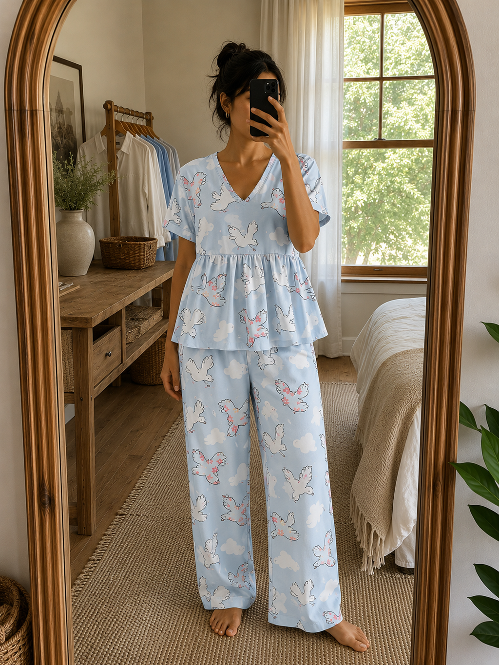 Women's sky blue dove print nightsuit with V-neck peplum top and matching full-length pants made from export-quality fabric.