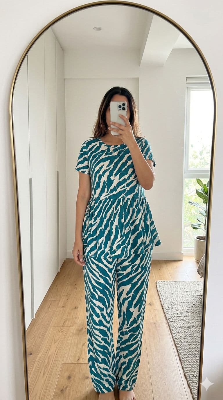 Woman wearing teal zebra print peplum night suit with relaxed fit pants, stylish and comfortable lounge wear set.