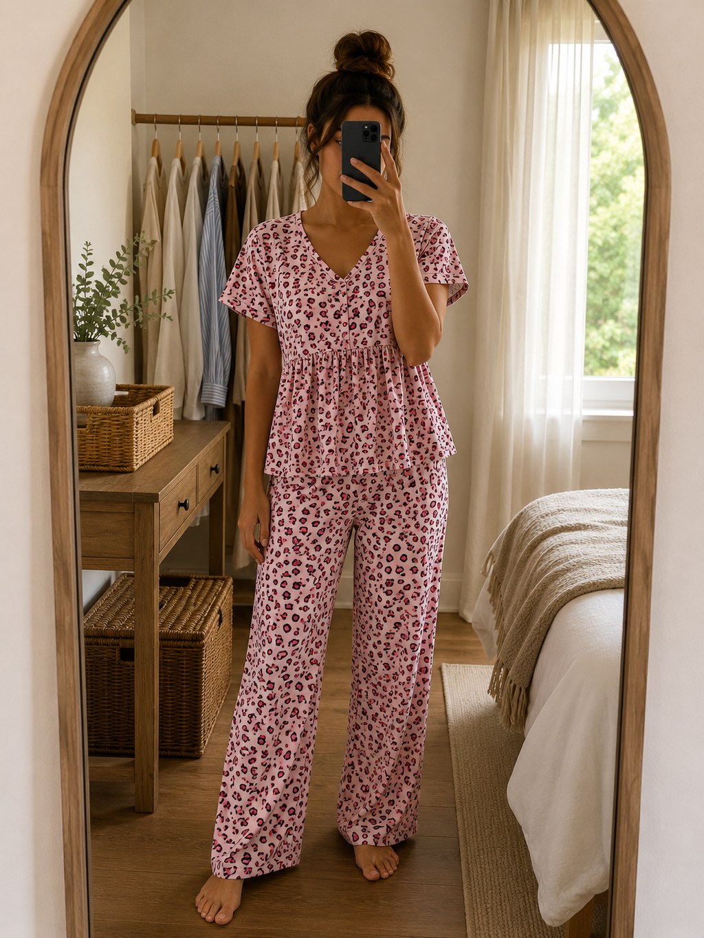 Woman wearing a premium ribbed knitted cotton pink leopard print peplum night suit with a V-neck top and matching straight-fit lounge pants by Irah Vastra.