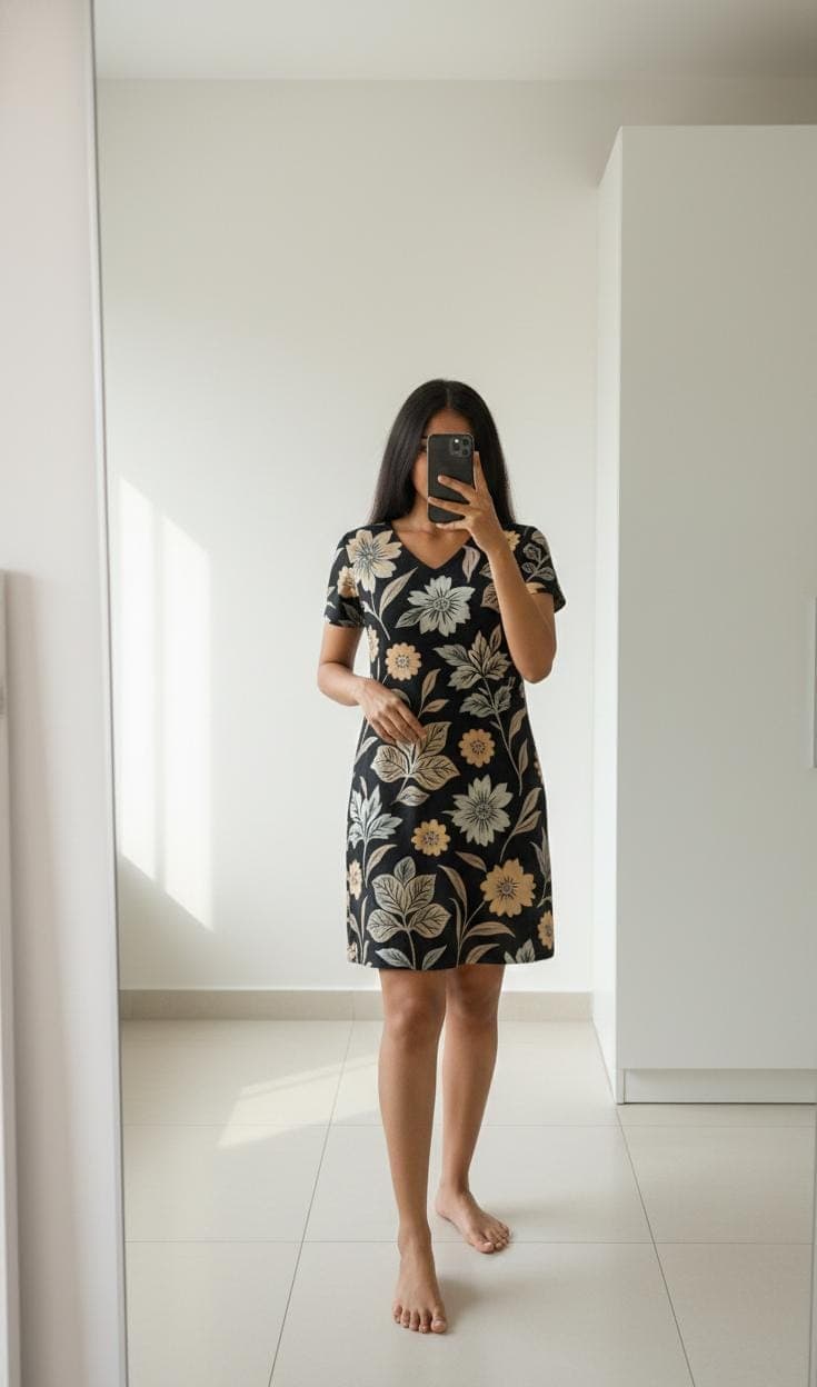 Woman wearing black floral cotton long polo nightdress with V-neck and knee-length design
